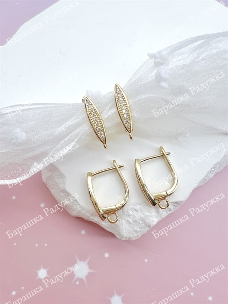 Закрытые швензы 15 мм с фианитами, позолота 14k "Капля" FR-074 - фото 33851